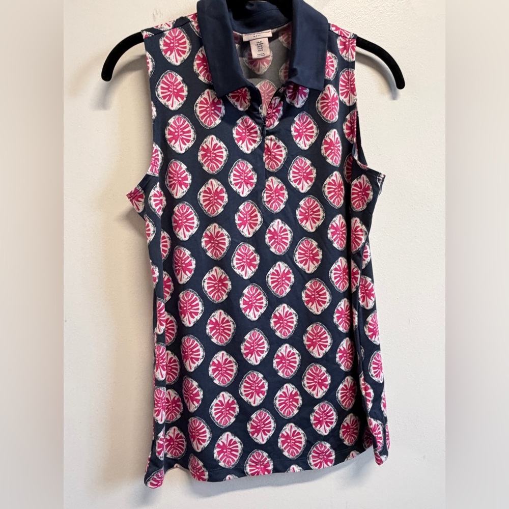 Tommy Bahama Golf Sleeveless Polo Top Navy Pink Citrus Print Size Medium